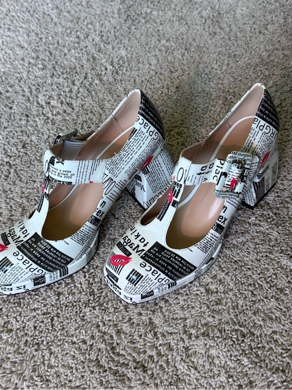 Newspaper Print T-Strap Block Heels with Red Accent